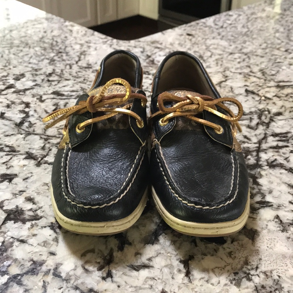 Women’s Sperry Blue leather & gold cheetah print